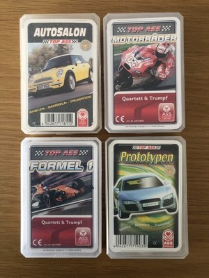 4 x Quartett - Kartenspiel - Autosalon - Motorräder - Formel 1 - Prototypen