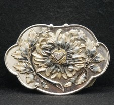 WD13113 FANTASTIC VINTAGE 1970s FLORAL ARTWORK FASHION NICKEL SILVER BELT BUCKLE