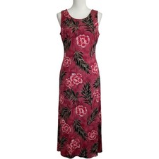 Bishop St. Apparel Red Tropical Hibiscus Palm Print Sleeveless Maxi Dress Slit