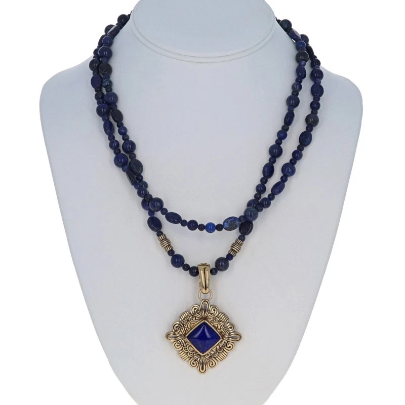 Barse Lapis Lazuli 吊坠项链镀金靠垫凸圆形和珠子调节 — 第 2/4 张图片