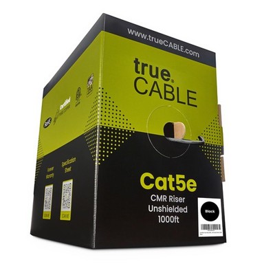 trueCABLE Cat5e Riser (CMR), 1000ft, Black, 24AWG 4 Pair Solid Bare Copper, 3...