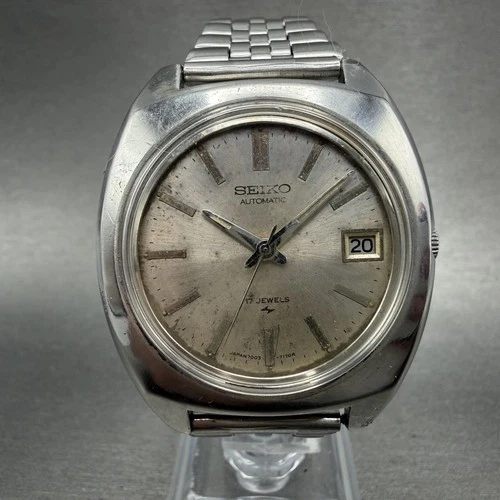 Seiko Automatic Watch Men 37mm Silver Dial Silver Tone Date Cushion PARTS