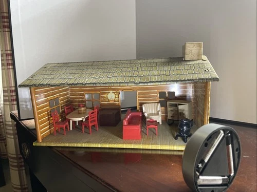 Marx Vintage Tin Cabin W/ Furniture 1950s Litho