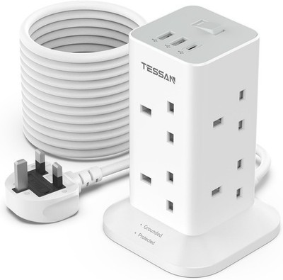 Tessan 8-fach Tower Verlängerungskabel 10 m Überspannungsschutz Steckdosenleiste 3 USB/UK-Stecker