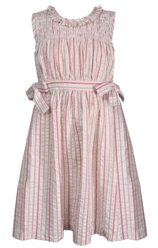 NEW Bonnie Jean Girls Size 12 "PINK GREEN IVORY STRIPE" Smocked Tie Waist Dress