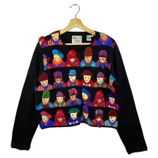 VTG Michael Simon Woman's Faces Colorful Pop Art Cardigan Sweater 90s AOP Y2K L