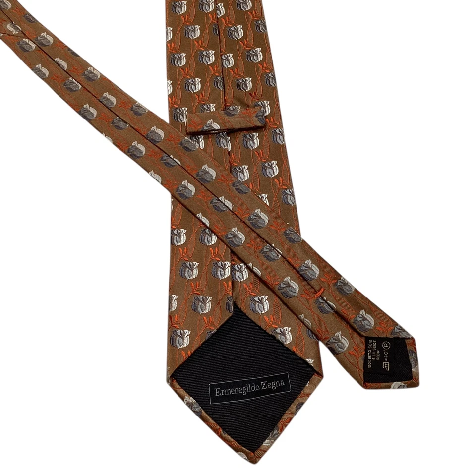 ERMENEGILDO ZEGNA Men's Silk Necktie ITALY Luxury FLORAL Brown/Gray/Orange EUC - Image 3 of 3