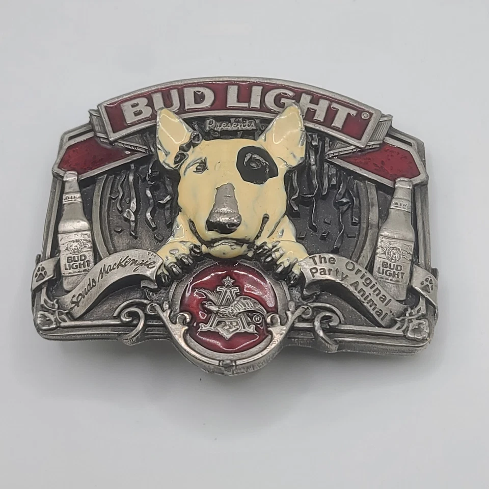 Fivela de cinto Spud Mackenzie Bud Light cerveja bergamota latão funciona - Imagem 2 de 4