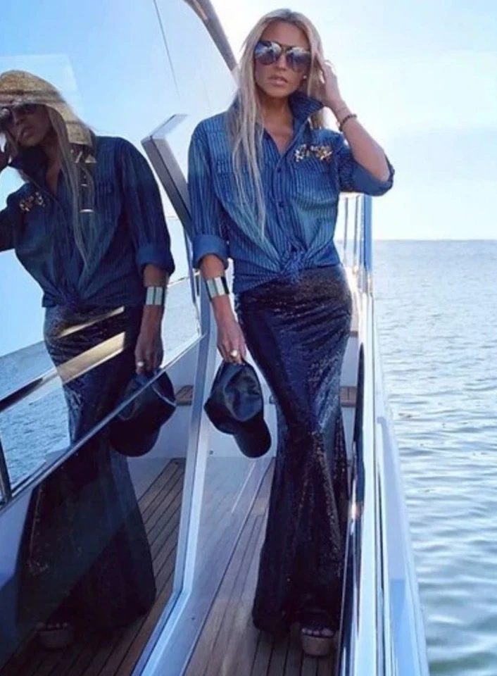 Maxi Falda de Lentejuelas Calypso St Barth Larga de Seda Fiesta Ocasión Especial Negra XS Foto 2 de 4