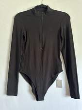 MANGOPOP Women's Mock Neck Zip Long Sleeve Bodysuit Black Size S