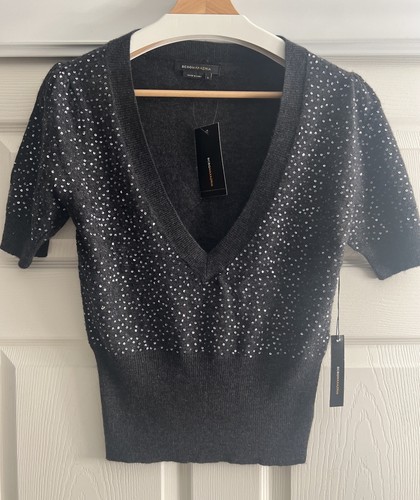 BCBG Maxazria Wool , Angora & Nylon Blend Sequin Short Sleeve Knit Top Sz L NWT - Picture 9 of 12