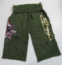 Don Ed Hardy by Christian Audigier Womens Capri Foiled Sweatpants Green Med NWT