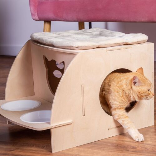 Cat House Feeding Bowls Natural Wood Cute Washable Cushion Easy Assembly Quality