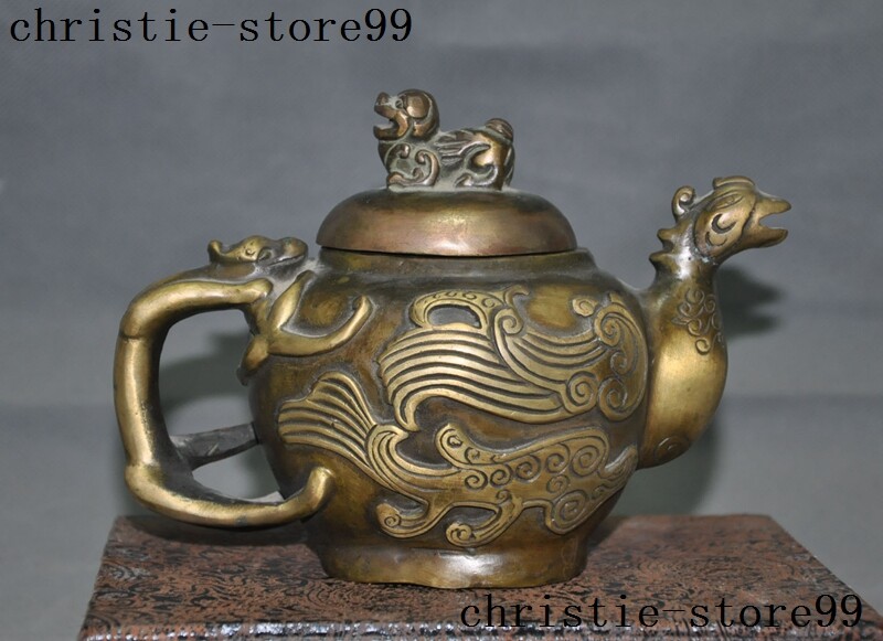 7,2"" palacio chino dinastía bronce dragón fénix bestia estatua tetera