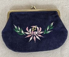 Vintage Blue Corduroy Kiss-Lock Embroidered Coin Purse Pink  Green Florals EUC