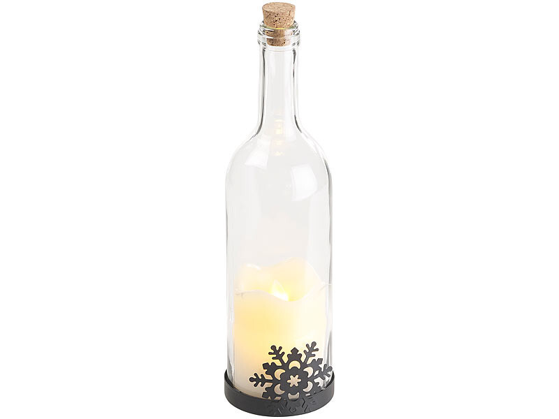 Bouteille decorative Lunartec avec bougie LED Flocon idee cadeau deco hiver
