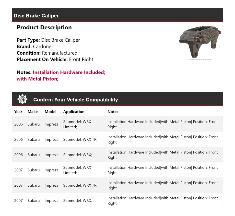 Pinza de freno de disco delantera derecha Cardone para Subaru Impreza 2006-2007 Foto 2 de 4