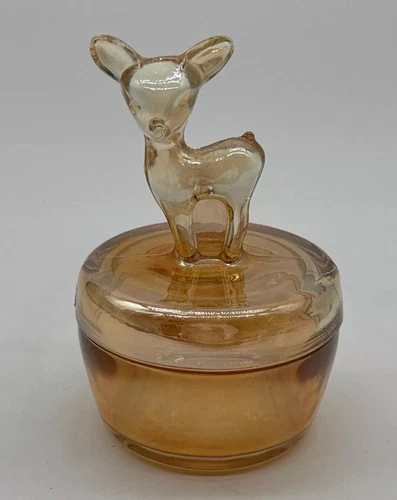 Vintage Jeanette Carnival Glass Marigold Iridscent Deer Fawn Powder Box Jar Dish