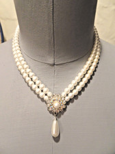 Women's Ladies White Faux Pearl Necklace w/Rhinestones Bridal Dressy Evening