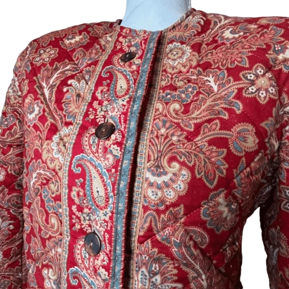 Chaqueta Acolchada Vera Bradley Vintage Roja Aqua Dorado Firma Estampado Botones Pequeña Foto 3 de 4