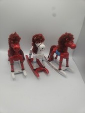 Vintage Rocking Horse Red White Painted Wooden Toy Christmas Decor 7  Set Of 3