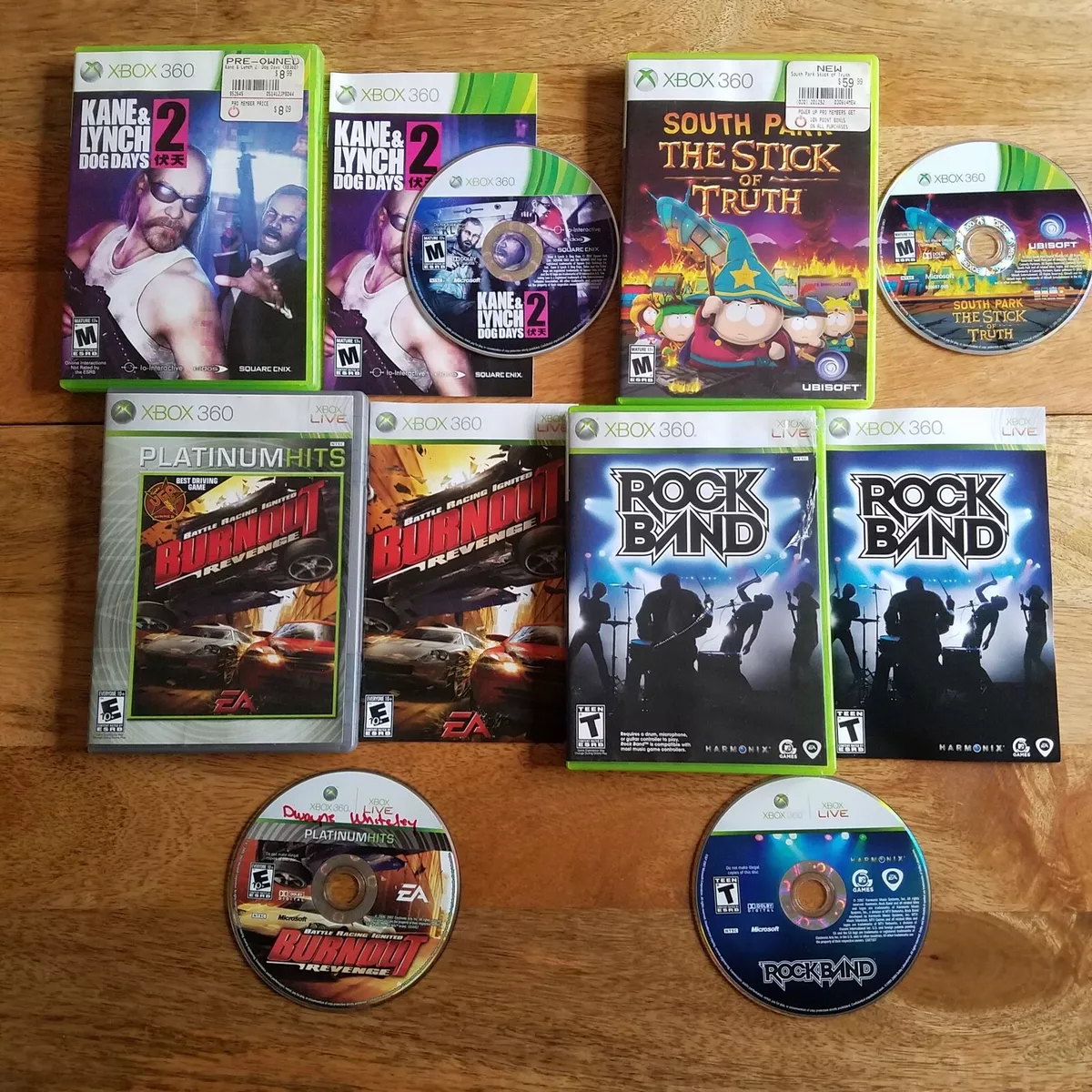 Microsoft Xbox 360 Video Game Lot South Park Rockband Kane Lynch Dog Day  Burnout 14633730517