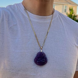 Authentic Real Purple Jade Buddha Pendant 14K Gold Plated Necklace Flat Cuban Chain 24" in