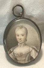 18th C Miniature Portrait of Lady Sterling Silver Frame Thick Glass Oil on Wafer