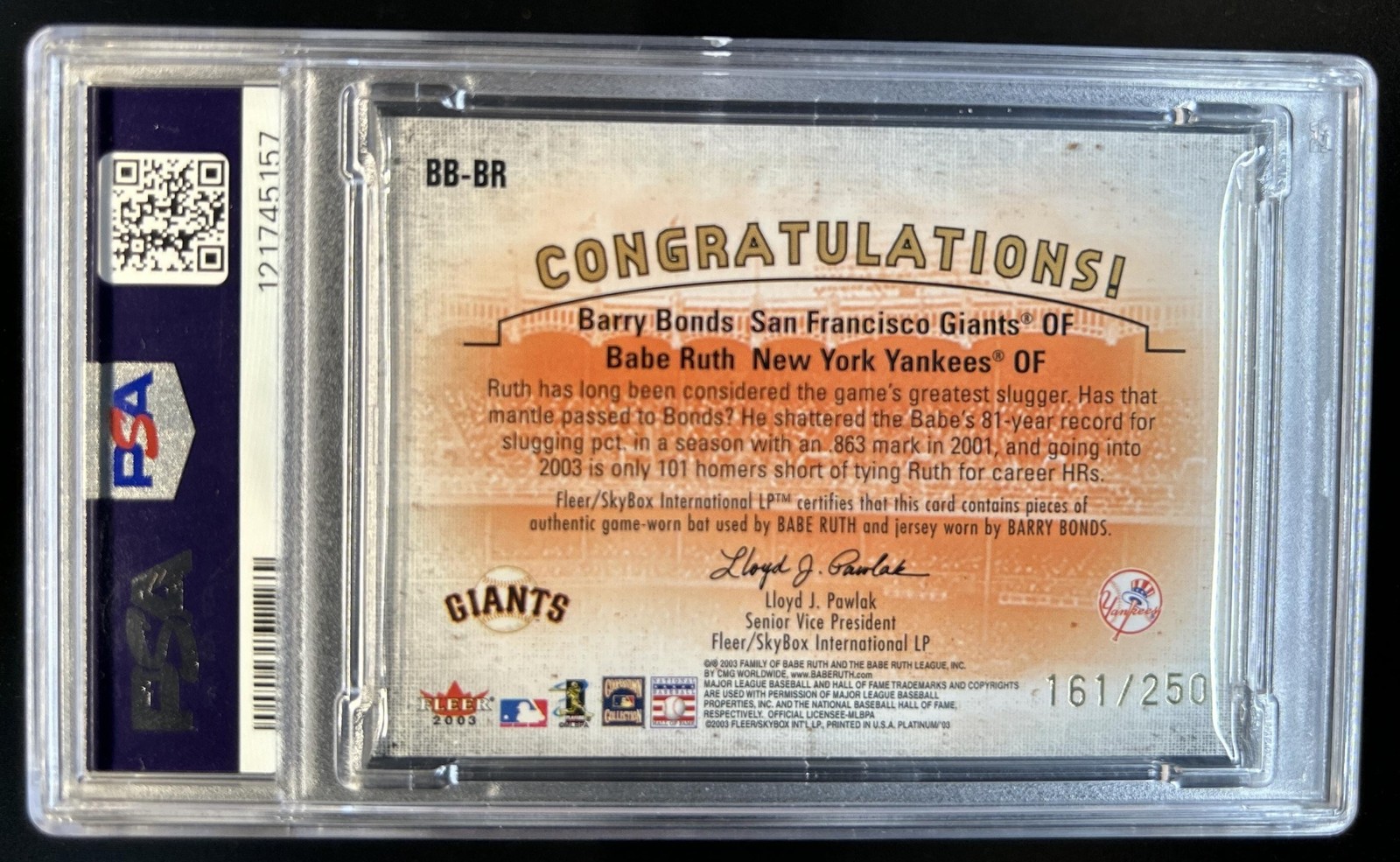 2003 Fleer Platinum Barry Bonds Babe Ruth Chasing History Game Used #/250 PSA 6 view 2