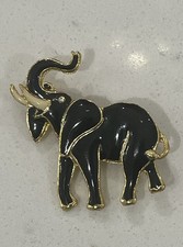 VINTAGE GOLD TONE BLACK ENAMEL ELEPHANT BROOC...
