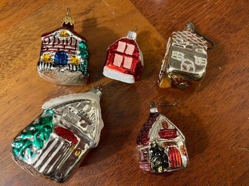 5 Mercury Glass Vintage House 2” 3” Frosted Glitter Christmas Tree Ornament GC