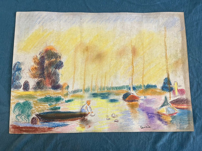 PIERRE AUGUSTE RENOIR drawing and painting on old paper signed stamped vintage
