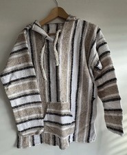 Mexican Baja Hoodie Hippie Festival Large Cream Black And White