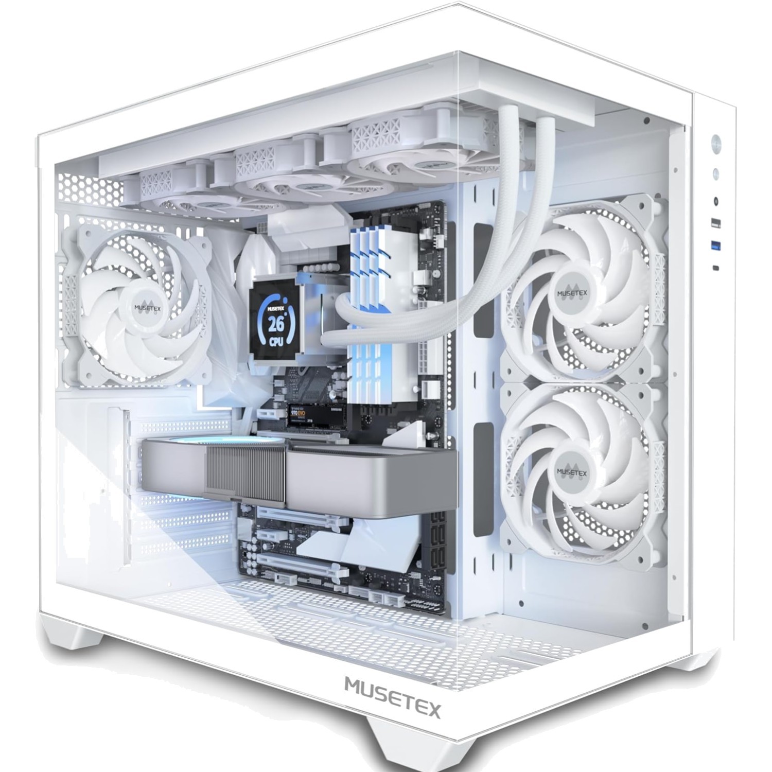 Boitier PC ATX blanc Musetex Y6 verre trempé pour montage PC facile sans manque de place