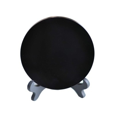 Black Obsidian Scrying Mirror with Stand Round Smoth Natural Crystal Polished...
