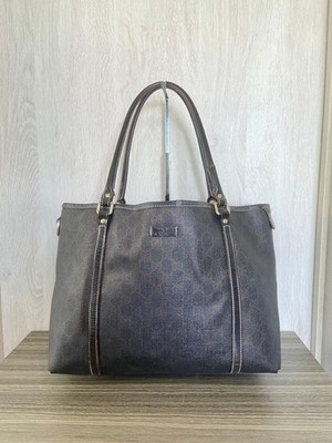 GUCCI Tote Bag GG Pattern PVC Leather Brown Dark Brown Logo Plate