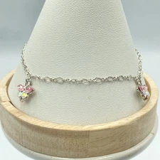 Cookie Lee Signed Butterfly Anklet 10" Silver Tone Pink Blue Rhinestone Charms