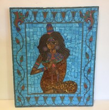 Beautiful Colorful Egyptian Mosaic Art With Inlaid Brass Woman Flute 14” X 11.5”