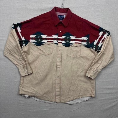 Vintage Wrangler Western Aztec Pearl Snap Button Down Shirt Cream Red Yoke