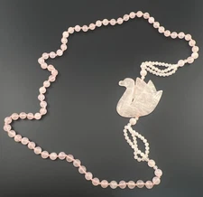 Vintage Swan Bird Necklace Carved Pink Rose Quartz MCM Beaded 28”
