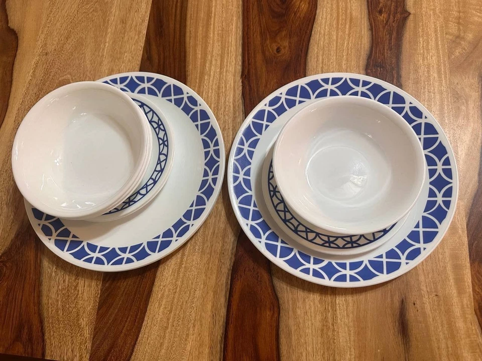 Corelle 12‑Piece Dinnerware Set – Cobalt Circles Plates & Pure White 18 oz Bowls - Image 2 of 3