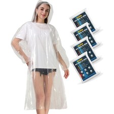 Family Pack of 4 Clear Disposable Rain Ponchos with Hood - Waterproof Protection