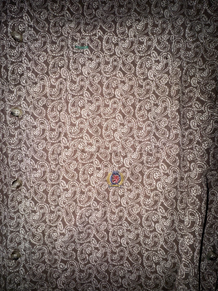 复古 Y2K Tommy Hilfiger 纽扣衬衫男式大号灯芯绒佩斯利棕色 — 第 3/4 张图片