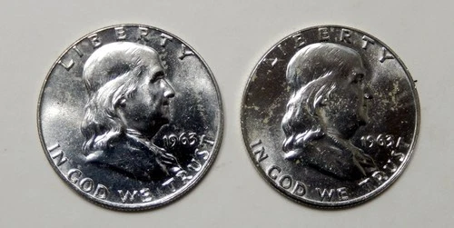 $10 UNDER SPOT  Two (2)  1963 D Franklin 90% Silver Halves Dollar 50¢  UNC Coins