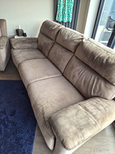 Furniture Village Grey Faux Suede Electric Recliner Sofa High Back Pad Arms