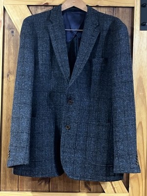 Men s Neiman Marcus Tweed Sports Coat Charcoal Blue Windowpane 100% Wool 42L
