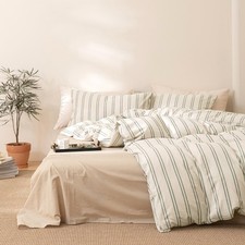 Full Beige Duvet Cover Set Green Gray Striped Bedding Set Soft Washed Cotton ...