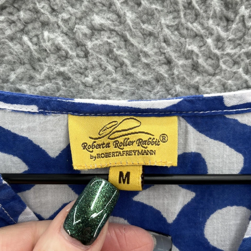 Roberta Roller Rabbit Shirt Womens Blue White Geo Medium Tunic Beaded Boho India - Image 3 of 4