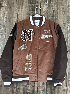 NIKE Varsity Bomber Jacket Large Mens Brown Black White Letterman