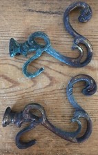Pair Vintage Solid Brass Distressed Hollywood Regency Curtain Tieback Hooks 4.5"